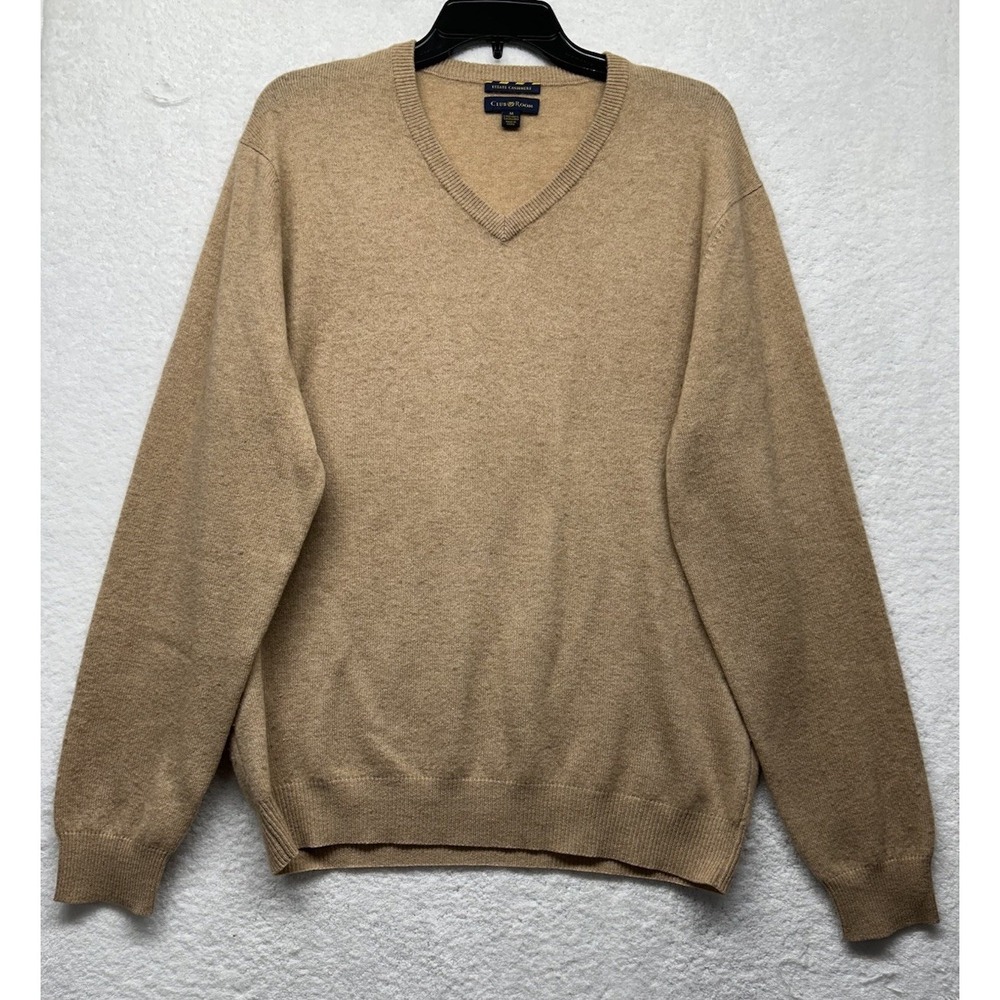 Club Room Mens Size M Beige Estate Cashmere V-Neck Long Sleeve Sweater (L9)